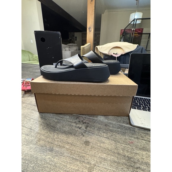 Fitflop F-MODE Leather Flatform Toe-Post Sandals‎ Black Size 6 - Picture 2 of 12